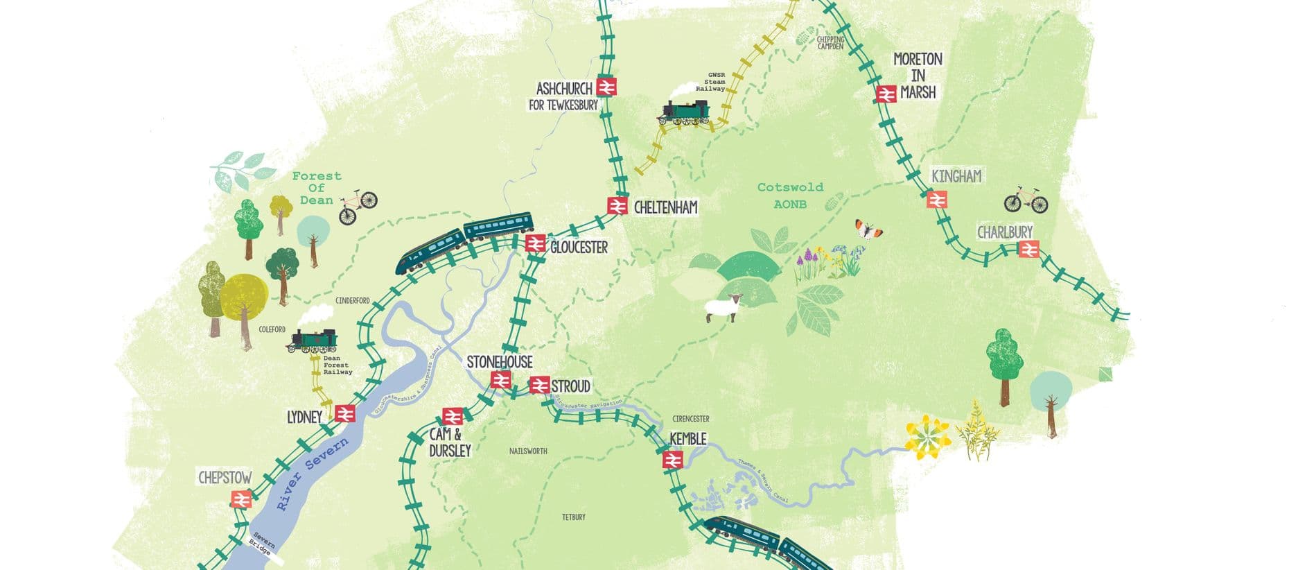 Artistic map of the Gloucestershire rail network by Ruth Hickson